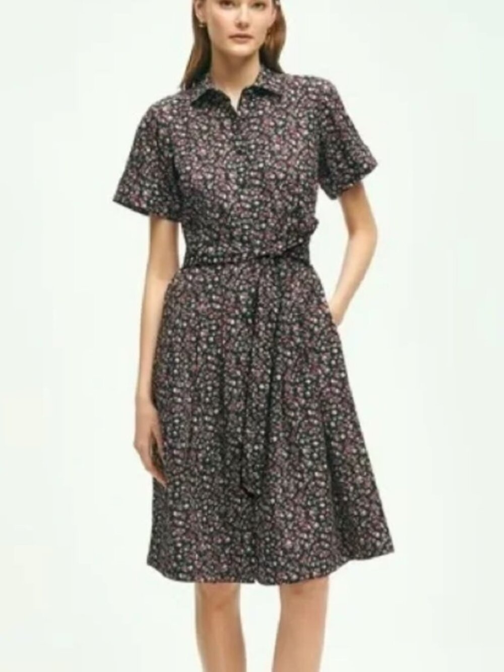 Brooks Brothers Navy Floral A-Line Button Shirt Dress Size 12 Cotton Tie Waist